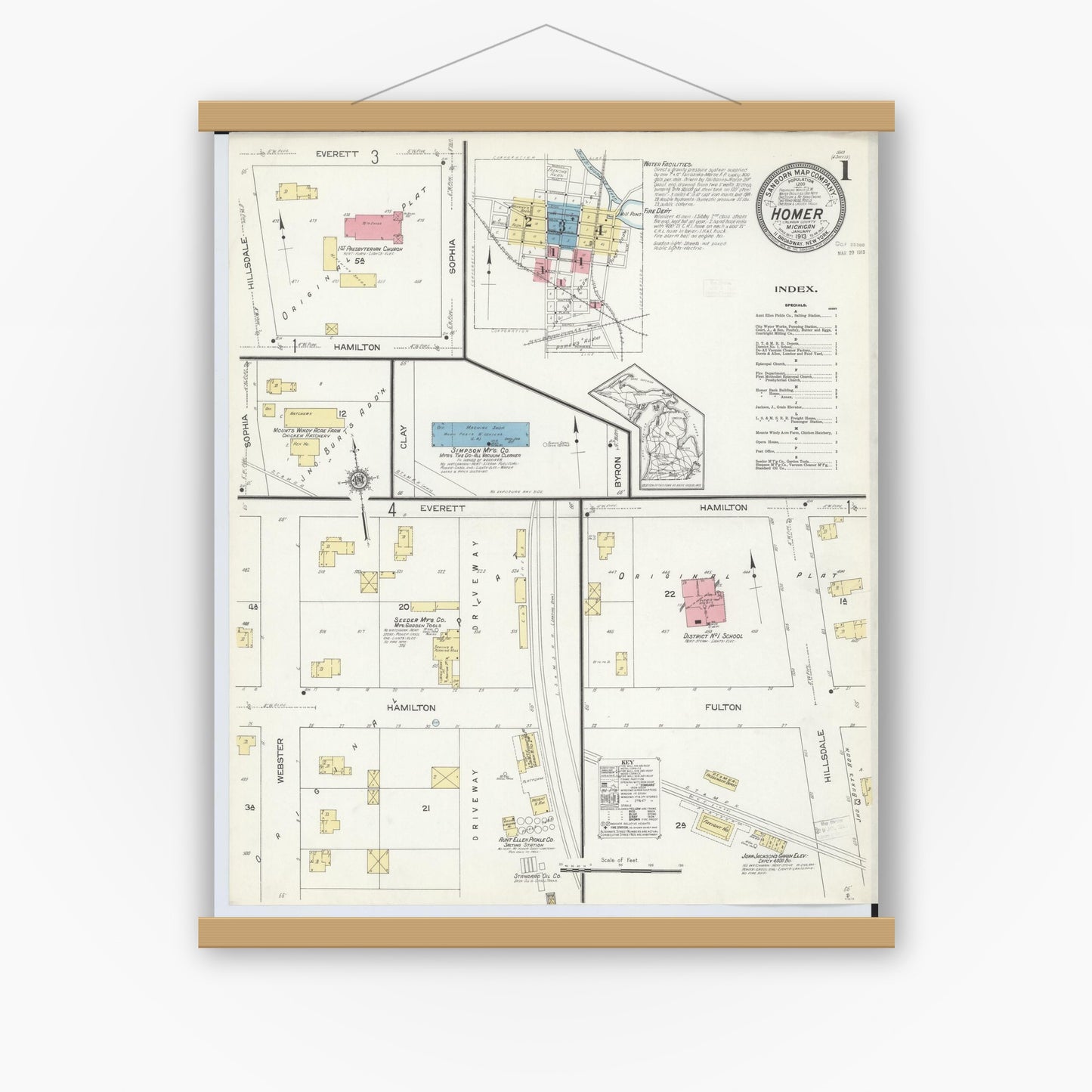 Old map wall art mockup — magnetic wood frame on white wall — Sanborn Fire Insurance Map from Homer, Calhoun County, Michigan (1913) - Complete Map Set