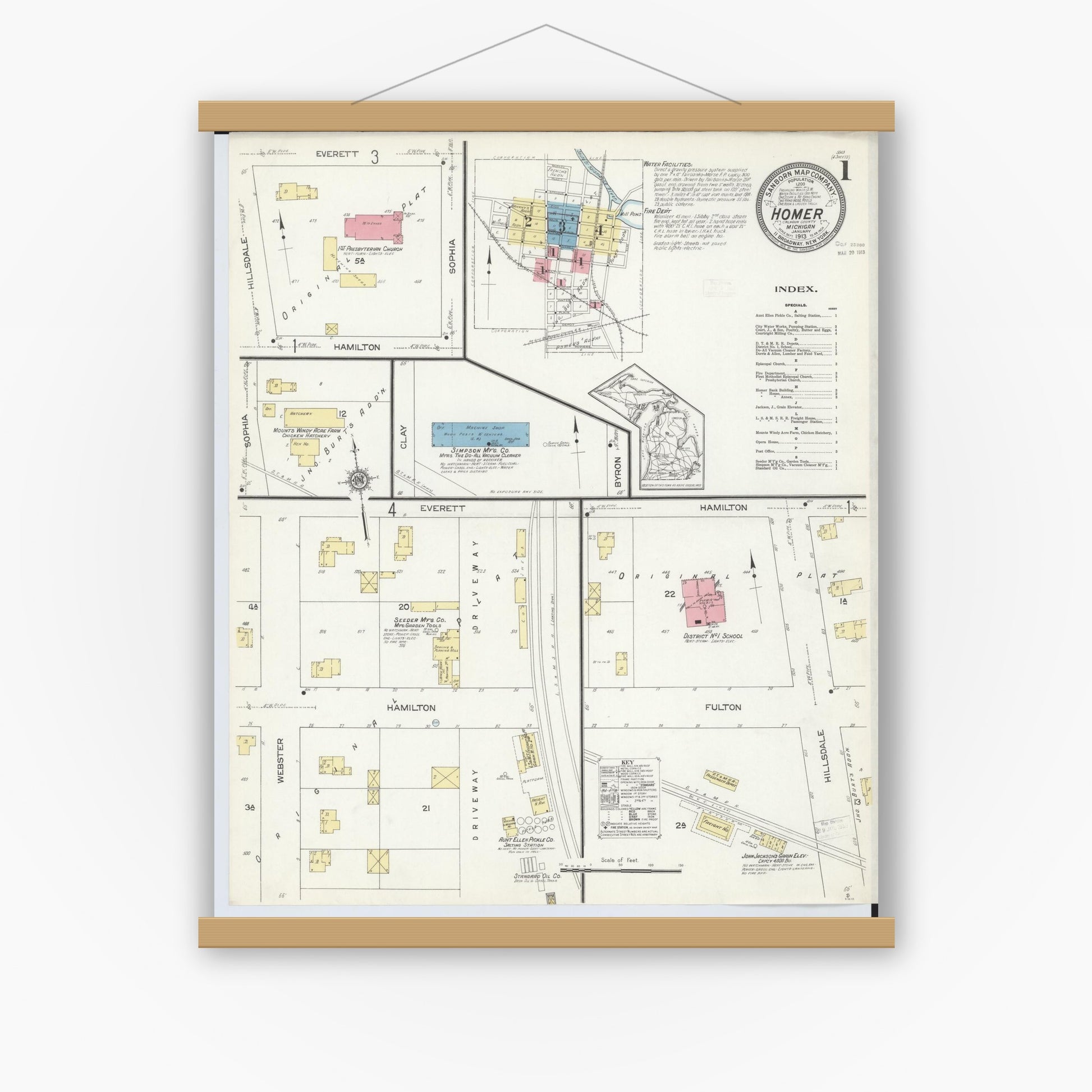 Old map wall art mockup — magnetic wood frame on white wall — Sanborn Fire Insurance Map from Homer, Calhoun County, Michigan (1913) - Complete Map Set