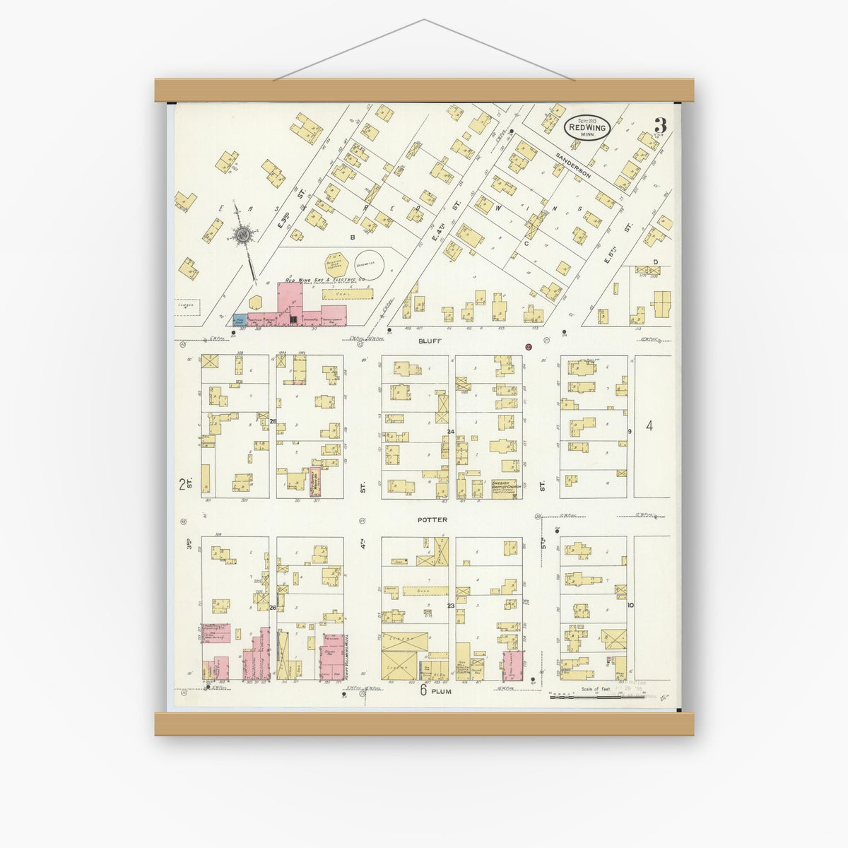 Old map wall art mockup — magnetic wood frame on white wall — Sanborn Fire Insurance Map from Red Wing, Goodhue County, Minnesota (1910), Sheet #0003