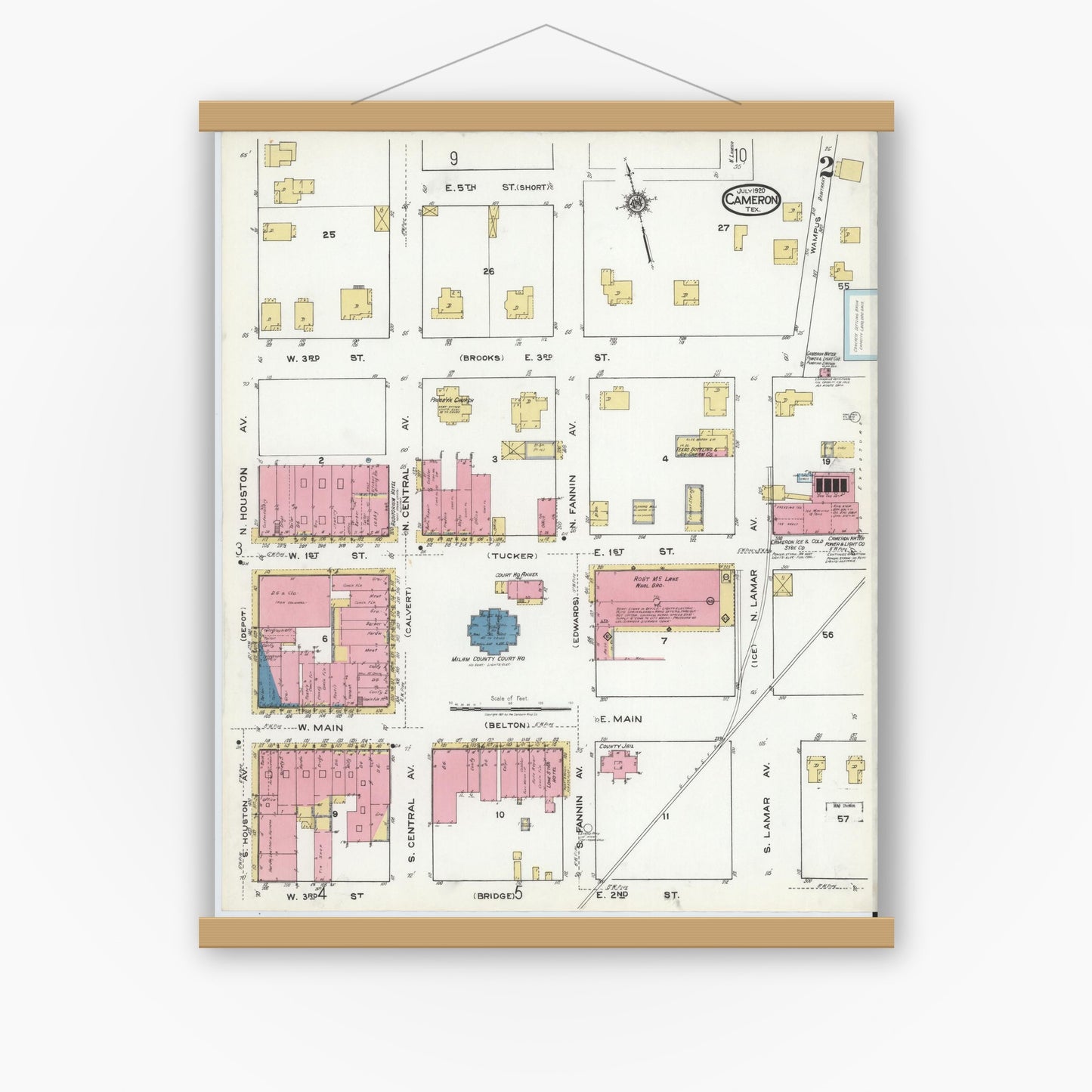 Old map wall art mockup — magnetic wood frame on white wall — Sanborn Fire Insurance Map from Cameron, Milam County, Texas (1920), Sheet #0002