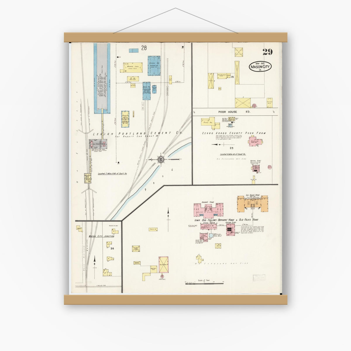 Old map wall art mockup — magnetic wood frame on white wall — Sanborn Fire Insurance Map from Mason City, Cerro Gordo County, Iowa (1915), Sheet #0029