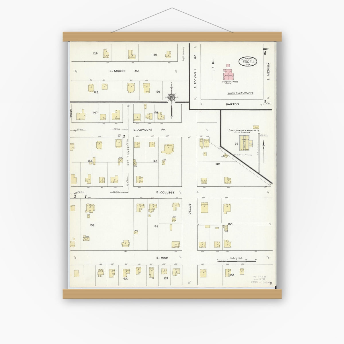 Old map wall art mockup — magnetic wood frame on white wall — Sanborn Fire Insurance Map from Terrell, Kaufman County, Texas (1914), Sheet #0007