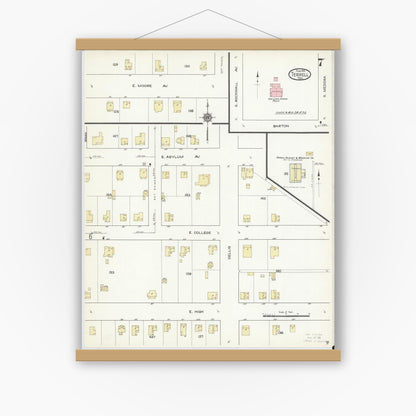 Old map wall art mockup — magnetic wood frame on white wall — Sanborn Fire Insurance Map from Terrell, Kaufman County, Texas (1914), Sheet #0007