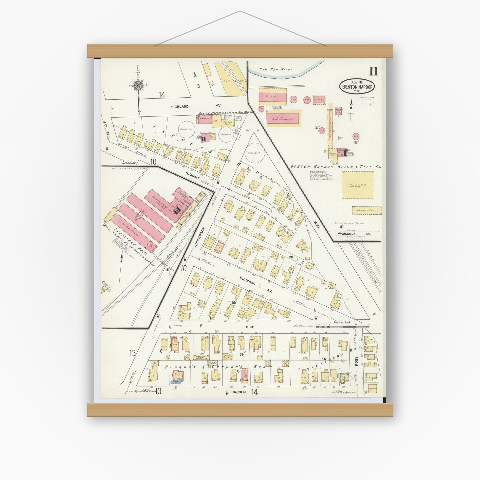 Old map wall art mockup — magnetic wood frame on white wall — Sanborn Fire Insurance Map from Benton Harbor, Berrien County, Michigan (1911), Sheet #0011
