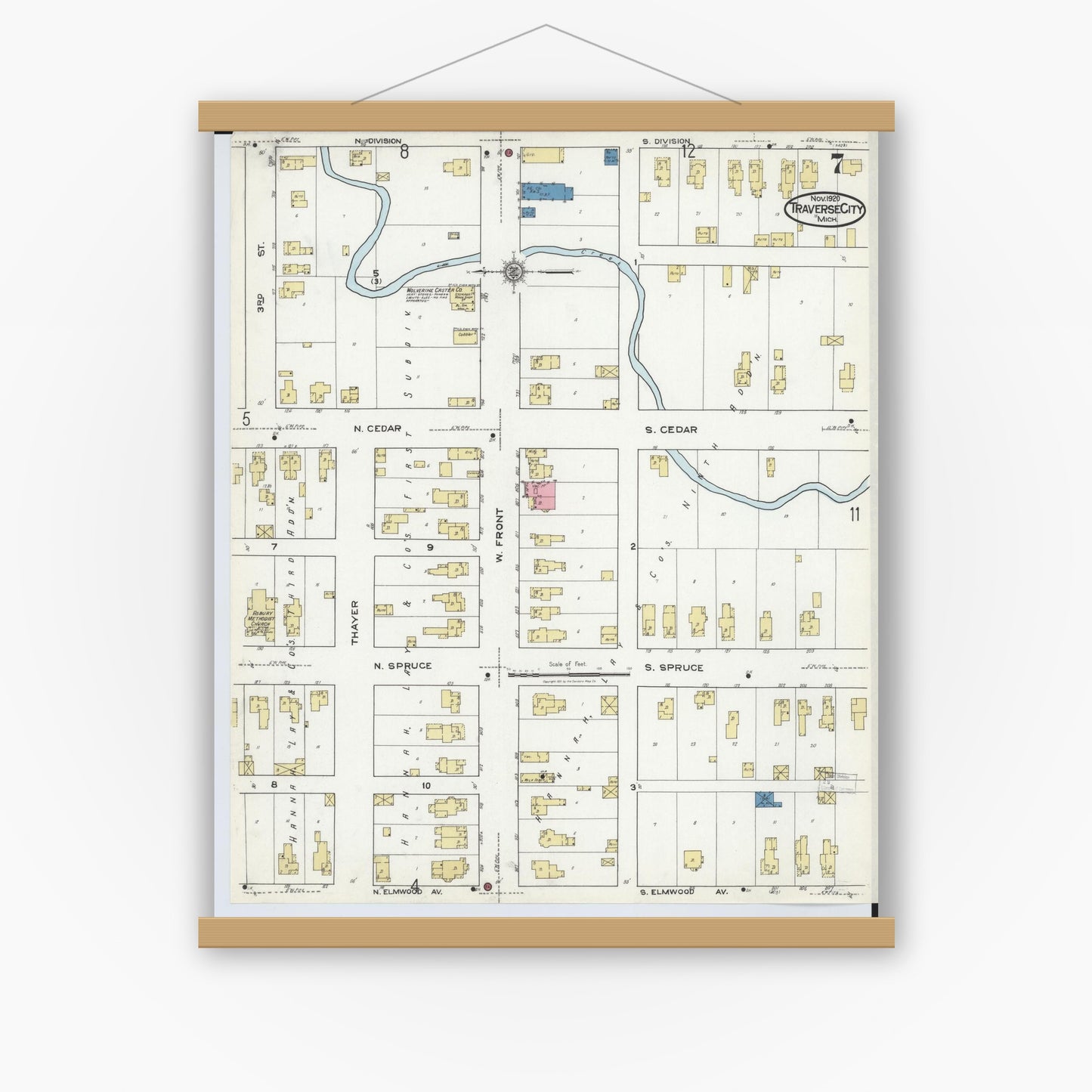Old map wall art mockup — magnetic wood frame on white wall — Sanborn Fire Insurance Map from Traverse City, Grand Traverse County, Michigan (1920), Sheet #0007