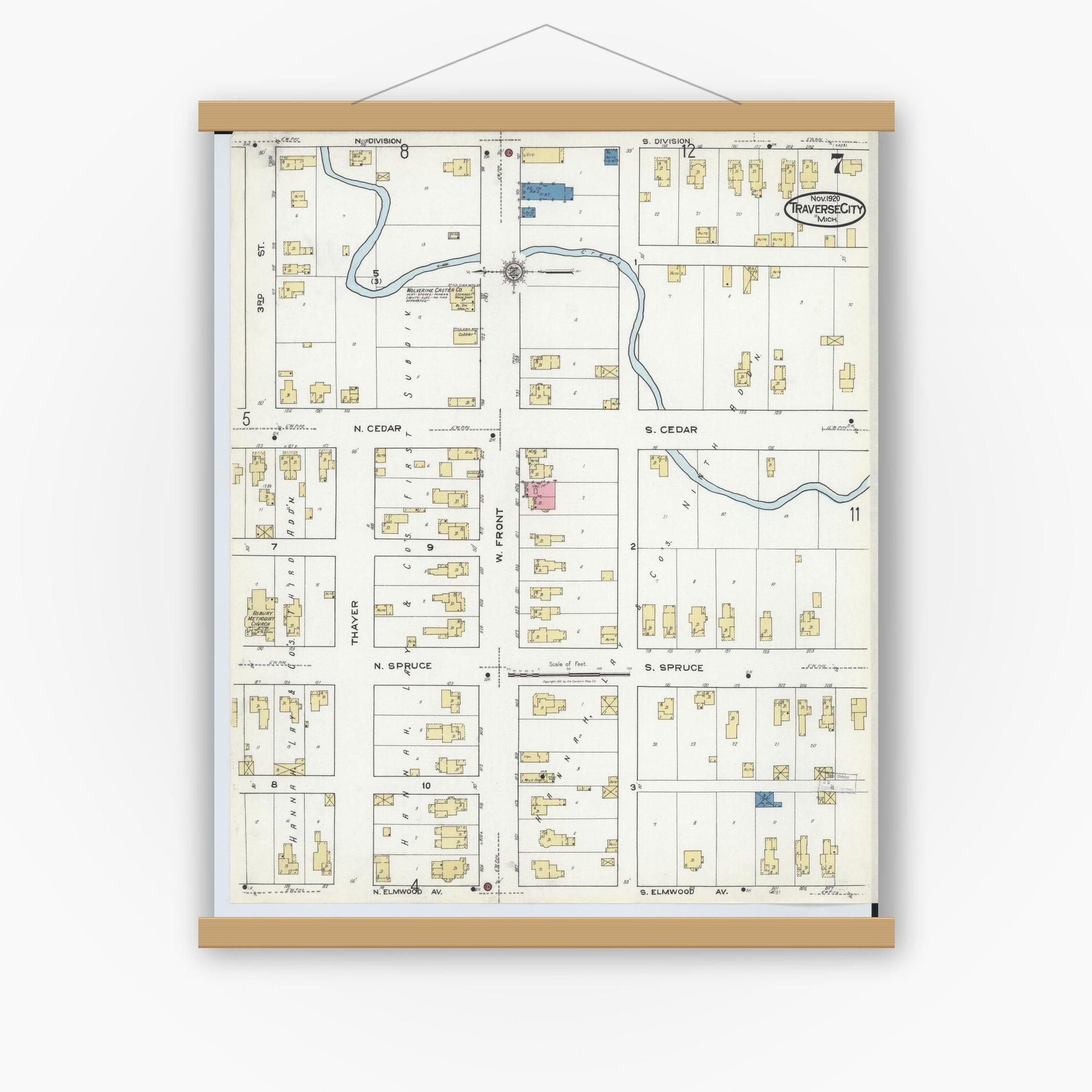 Old map wall art mockup — magnetic wood frame on white wall — Sanborn Fire Insurance Map from Traverse City, Grand Traverse County, Michigan (1920), Sheet #0007
