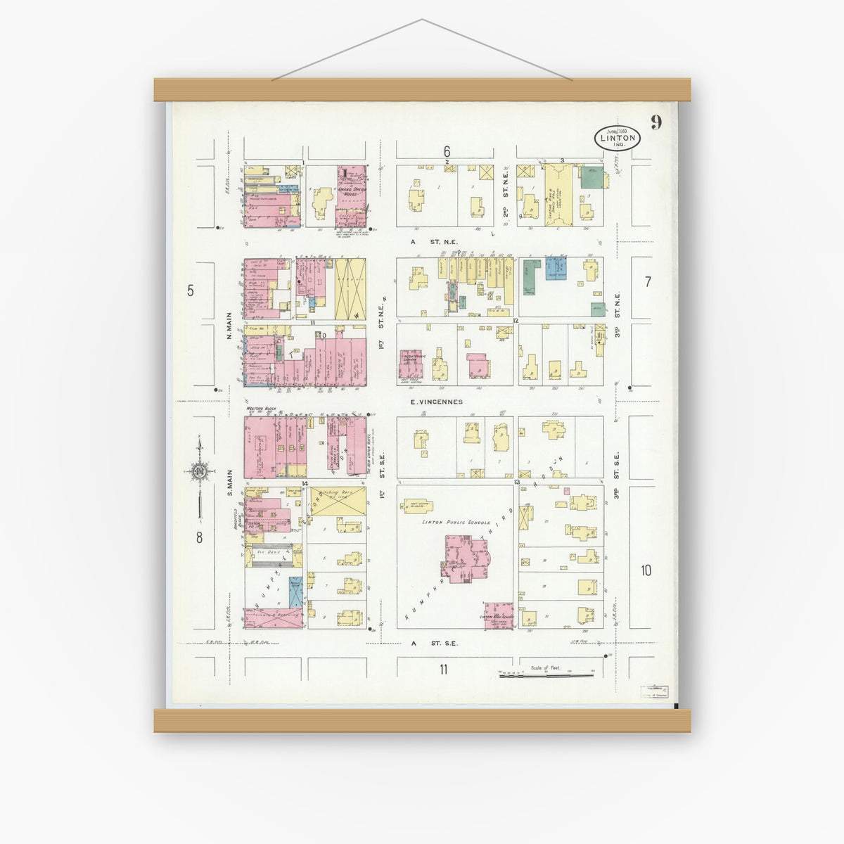 Old map wall art mockup — magnetic wood frame on white wall — Sanborn Fire Insurance Map from Linton, Greene County, Indiana (1910), Sheet #0009