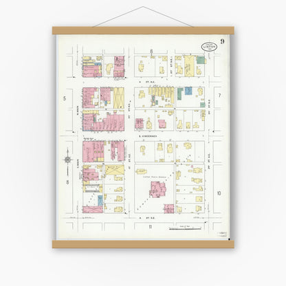Old map wall art mockup — magnetic wood frame on white wall — Sanborn Fire Insurance Map from Linton, Greene County, Indiana (1910), Sheet #0009