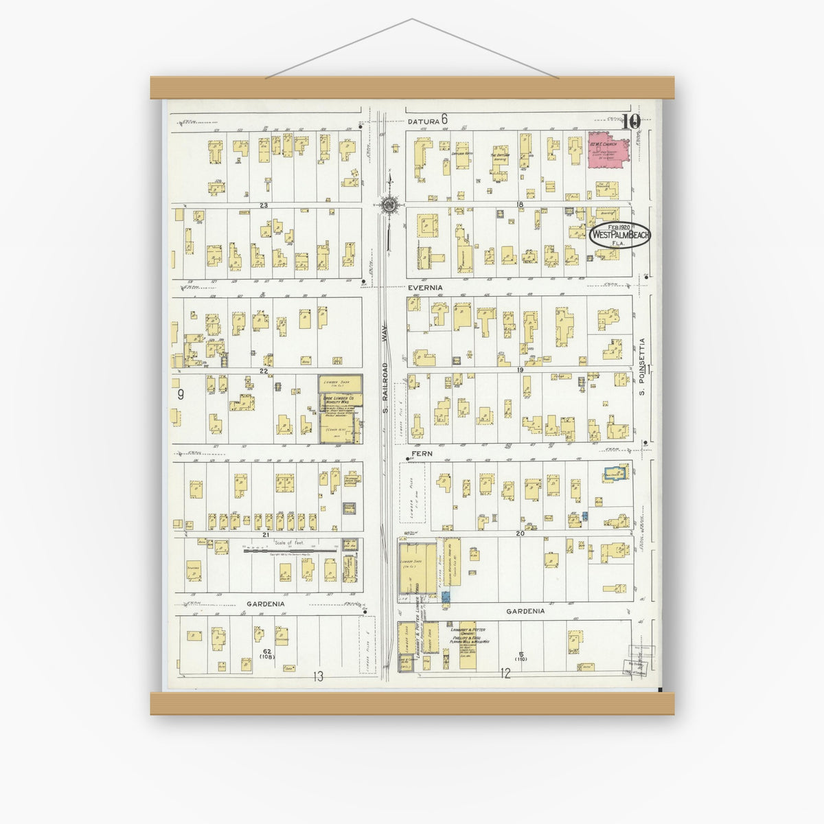 Old map wall art mockup — magnetic wood frame on white wall — Sanborn Fire Insurance Map from West Palm Beach, Dade County, Florida (1920), Sheet #0010
