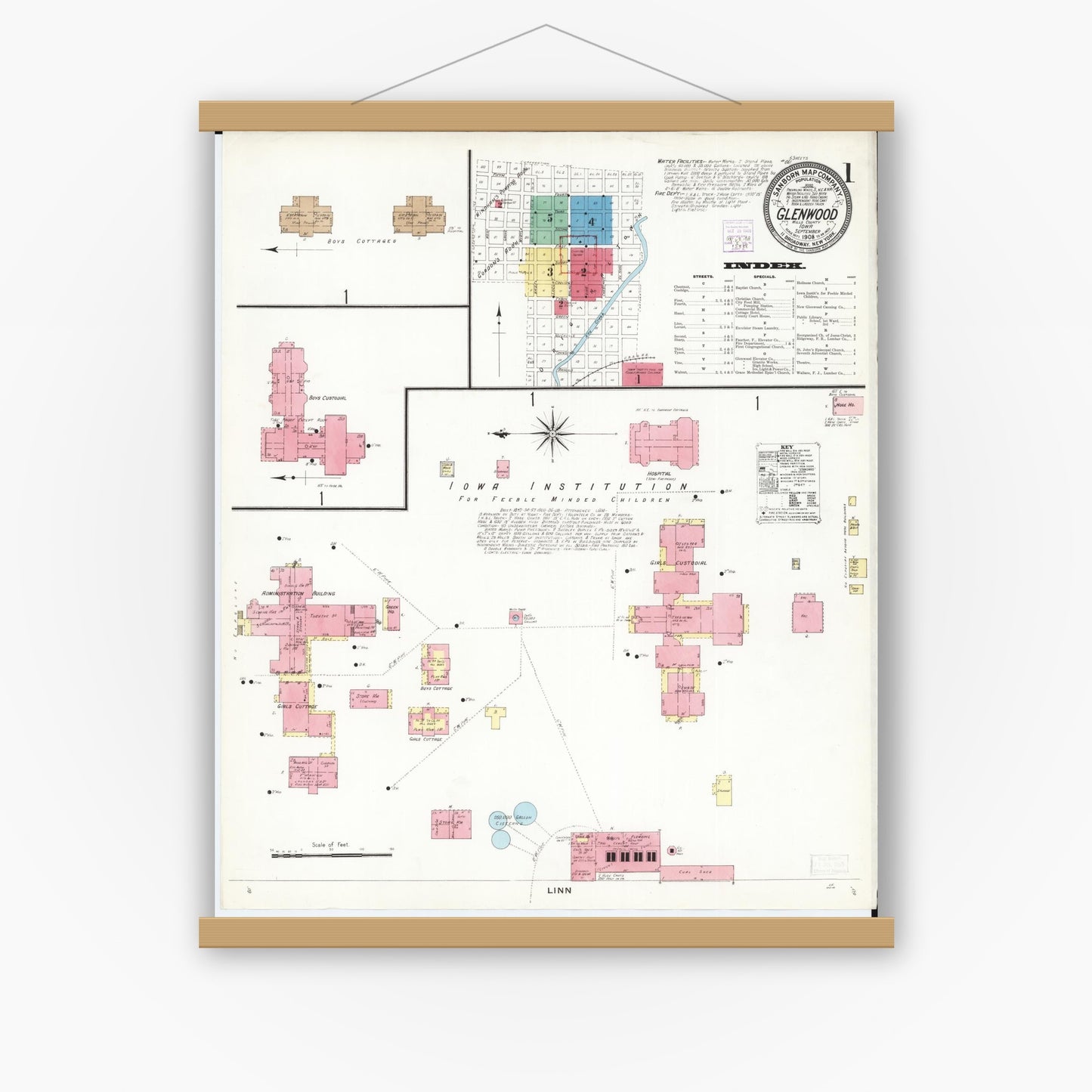 Old map wall art mockup — magnetic wood frame on white wall — Sanborn Fire Insurance Map from Glenwood, Mills County, Iowa (1908) â€” Complete Set