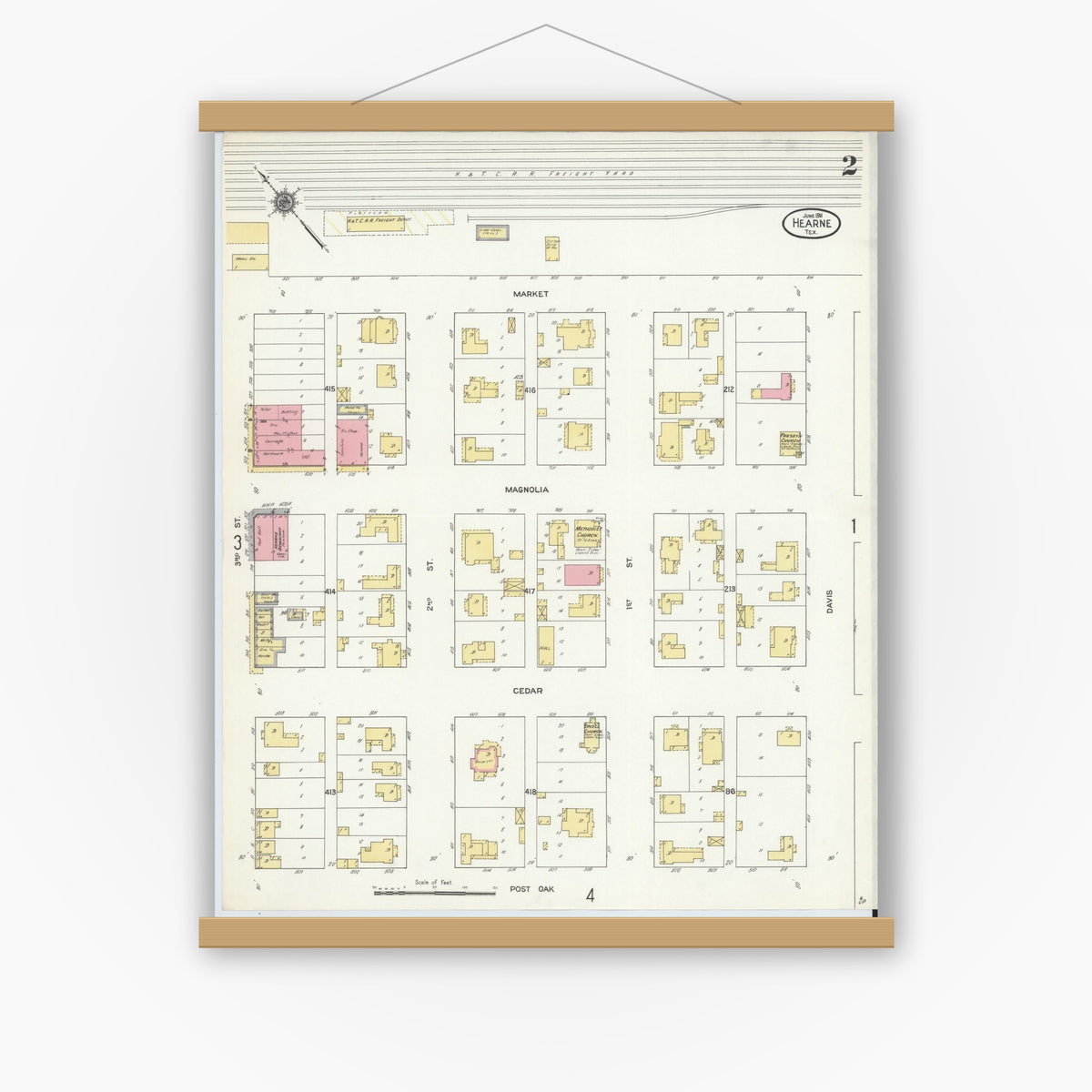 Old map wall art mockup — magnetic wood frame on white wall — Sanborn Fire Insurance Map from Hearne, Robertson County, Texas (1911), Sheet #0002