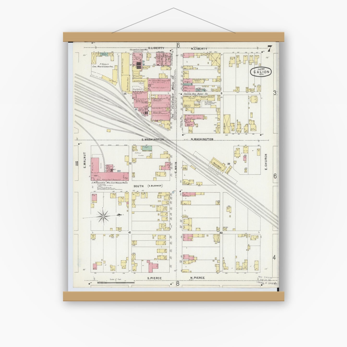 Old map wall art mockup — magnetic wood frame on white wall — Sanborn Fire Insurance Map from Galion, Crawford County, Ohio (1897), Sheet #0007