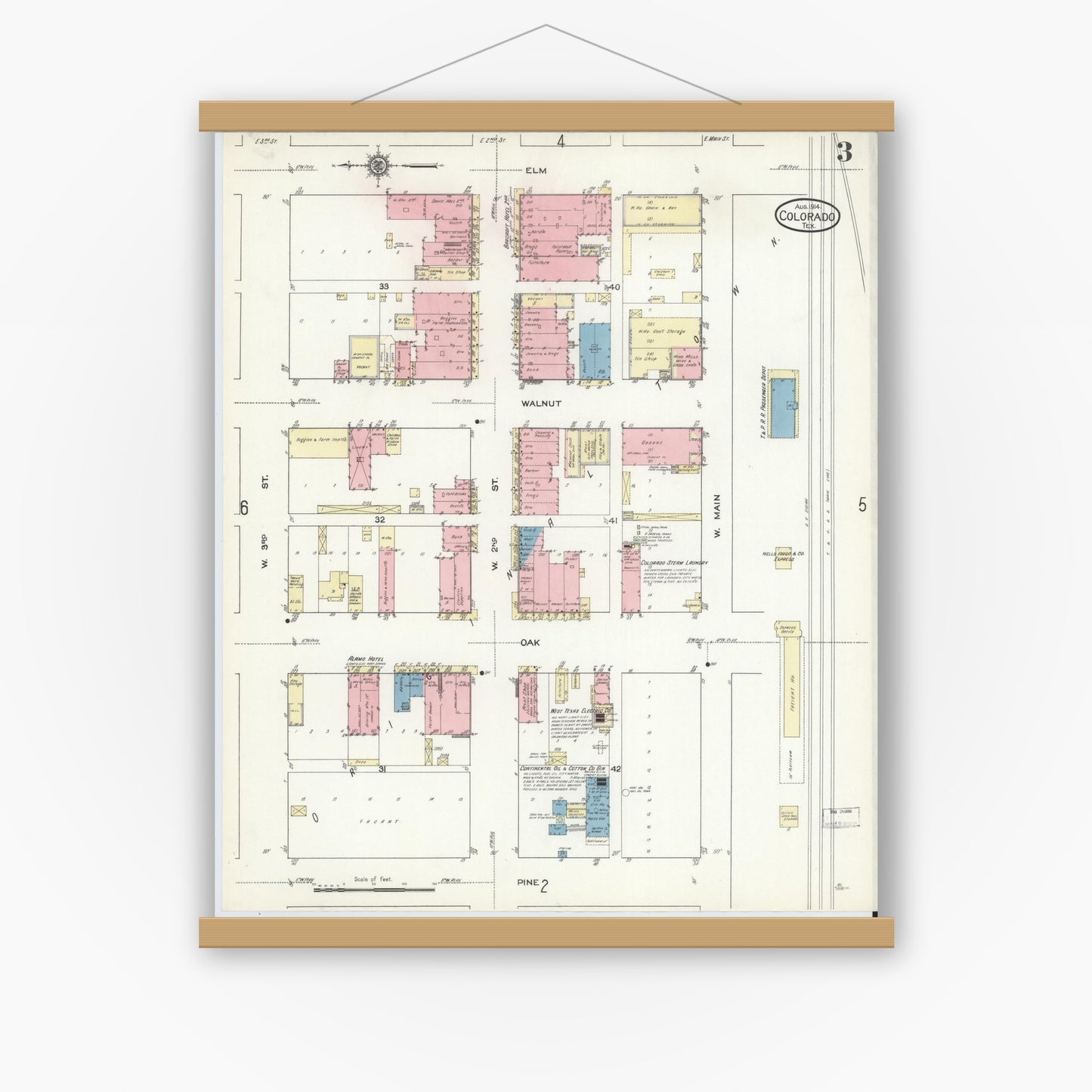 Old map wall art mockup — magnetic wood frame on white wall — Sanborn Fire Insurance Map from Colorado, Mitchell County, Texas (1914), Sheet #0003
