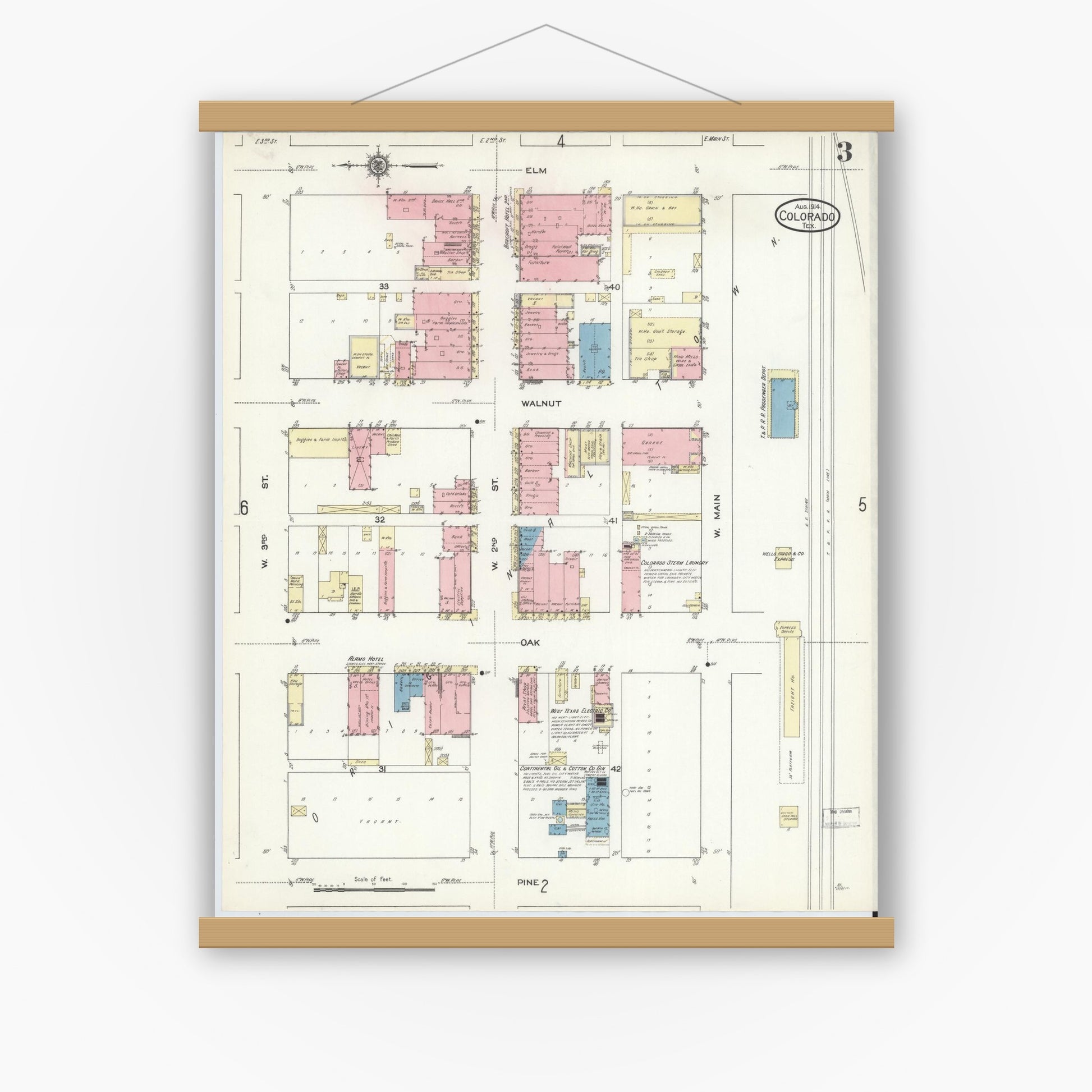 Old map wall art mockup — magnetic wood frame on white wall — Sanborn Fire Insurance Map from Colorado, Mitchell County, Texas (1914), Sheet #0003