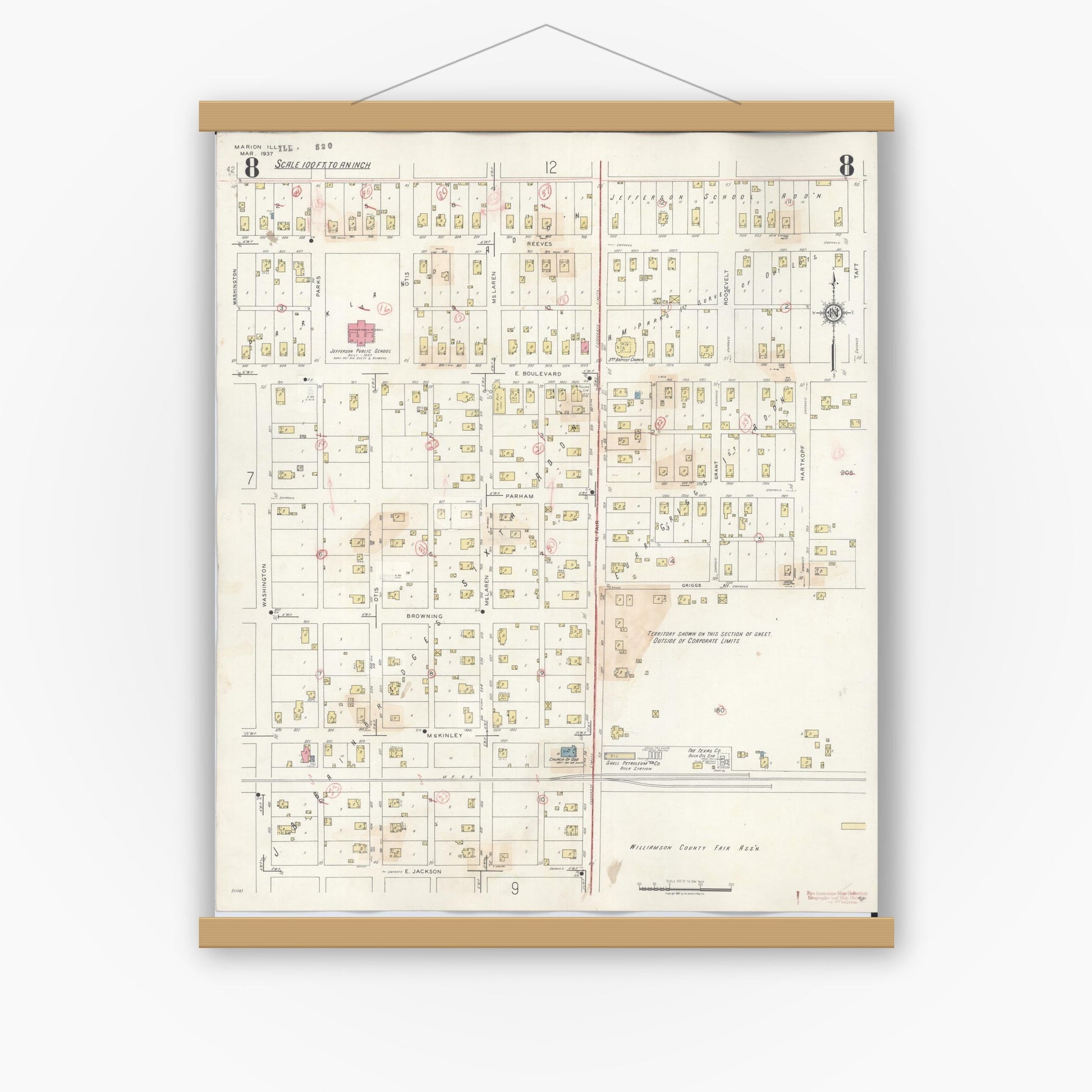 Old map wall art mockup — magnetic wood frame on white wall — Sanborn Fire Insurance Map from Marion, Williamson County, Illinois (1946), Sheet #0008