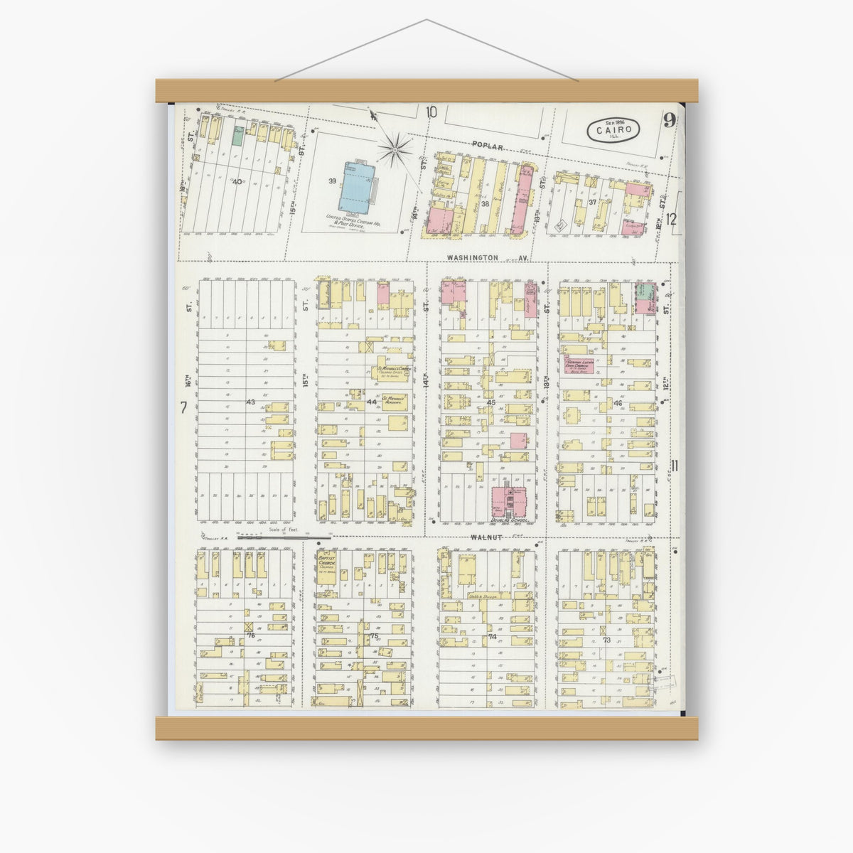 Old map wall art mockup — magnetic wood frame on white wall — Sanborn Fire Insurance Map from Cairo, Alexander County, Illinois (1896), Sheet #0009