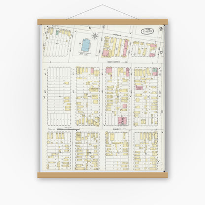 Old map wall art mockup — magnetic wood frame on white wall — Sanborn Fire Insurance Map from Cairo, Alexander County, Illinois (1896), Sheet #0009