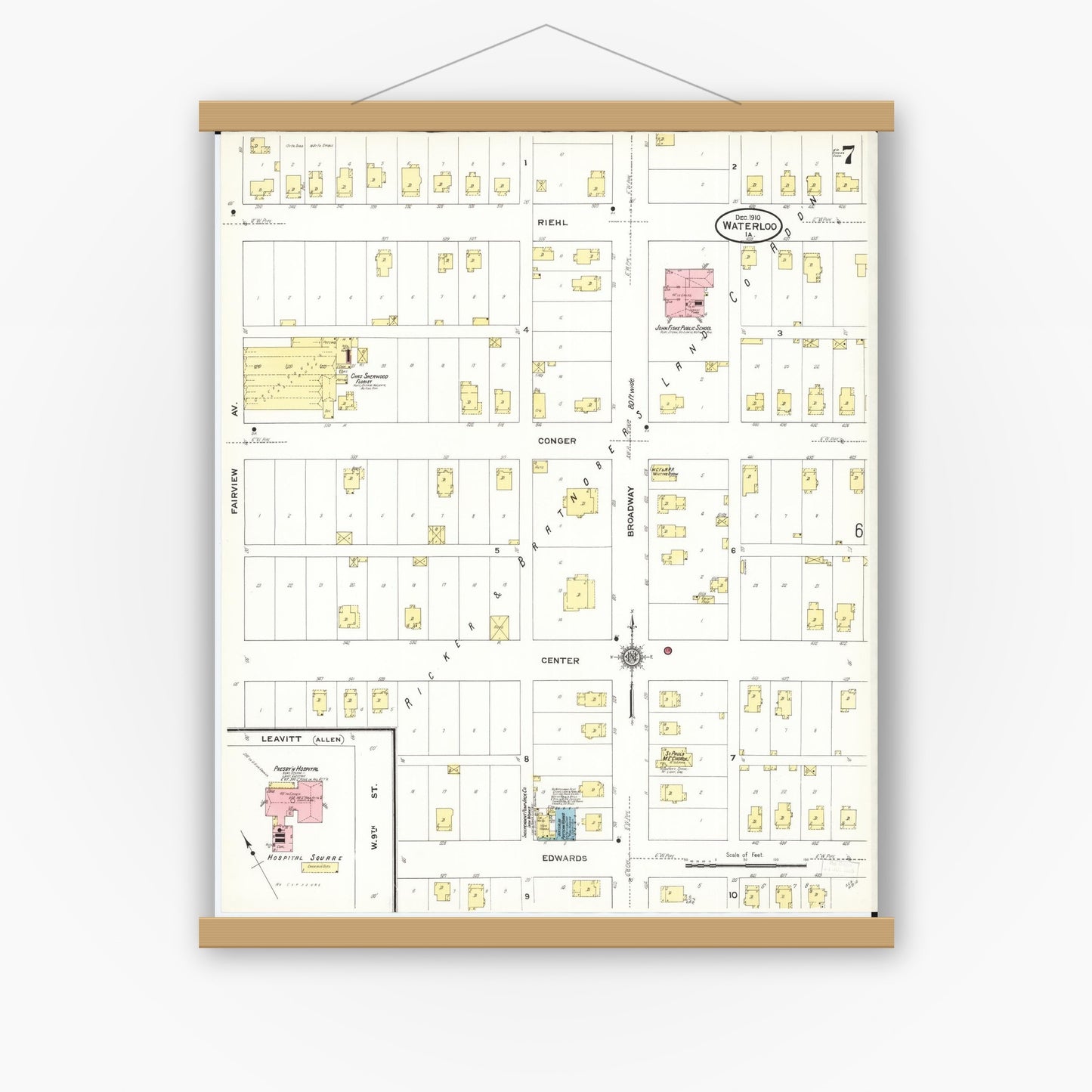 Old map wall art mockup — magnetic wood frame on white wall — Sanborn Fire Insurance Map from Waterloo, Black Hawk County, Iowa (1910), Sheet #0007
