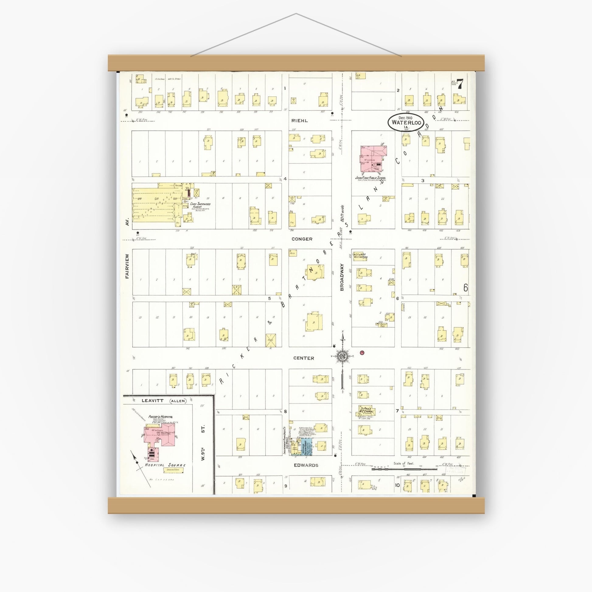 Old map wall art mockup — magnetic wood frame on white wall — Sanborn Fire Insurance Map from Waterloo, Black Hawk County, Iowa (1910), Sheet #0007