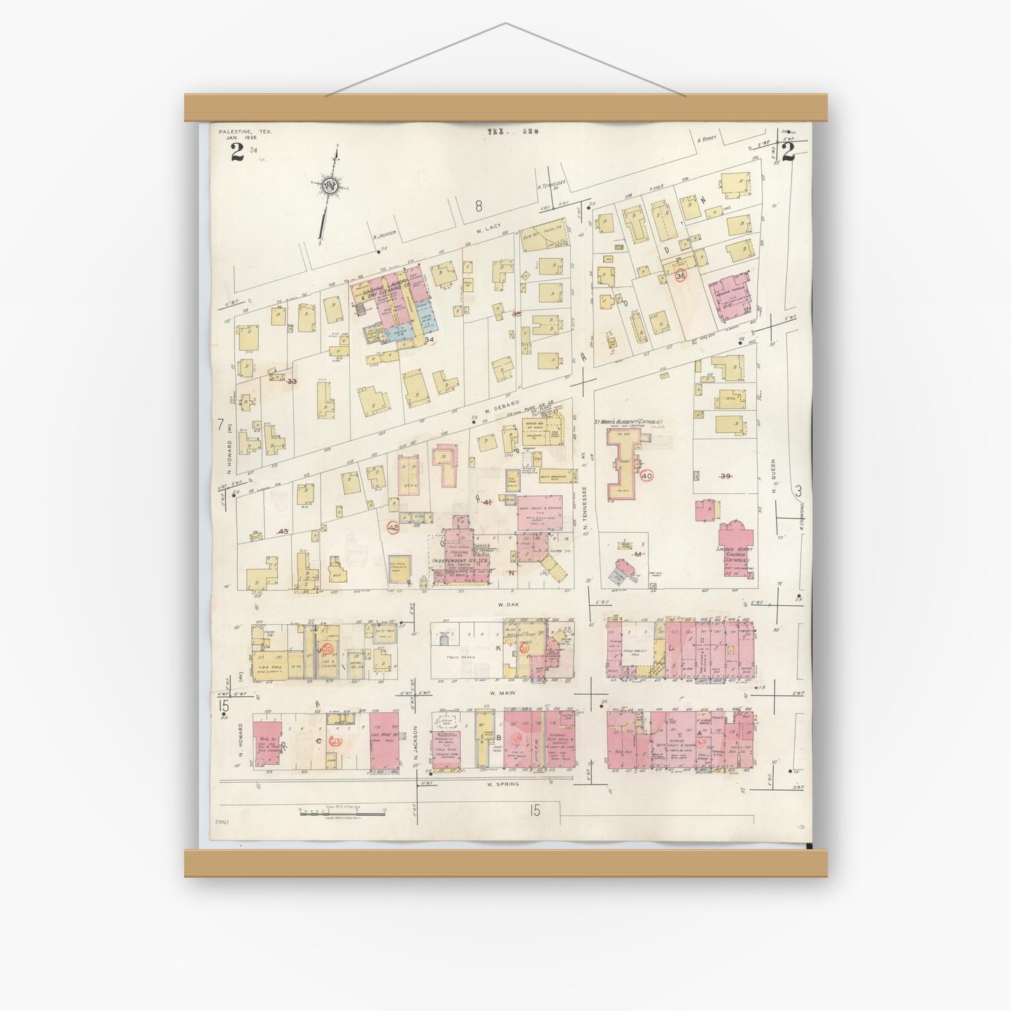 Old map wall art mockup — magnetic wood frame on white wall — Sanborn Fire Insurance Map from Palestine, Anderson County, Texas (1949), Sheet #0002