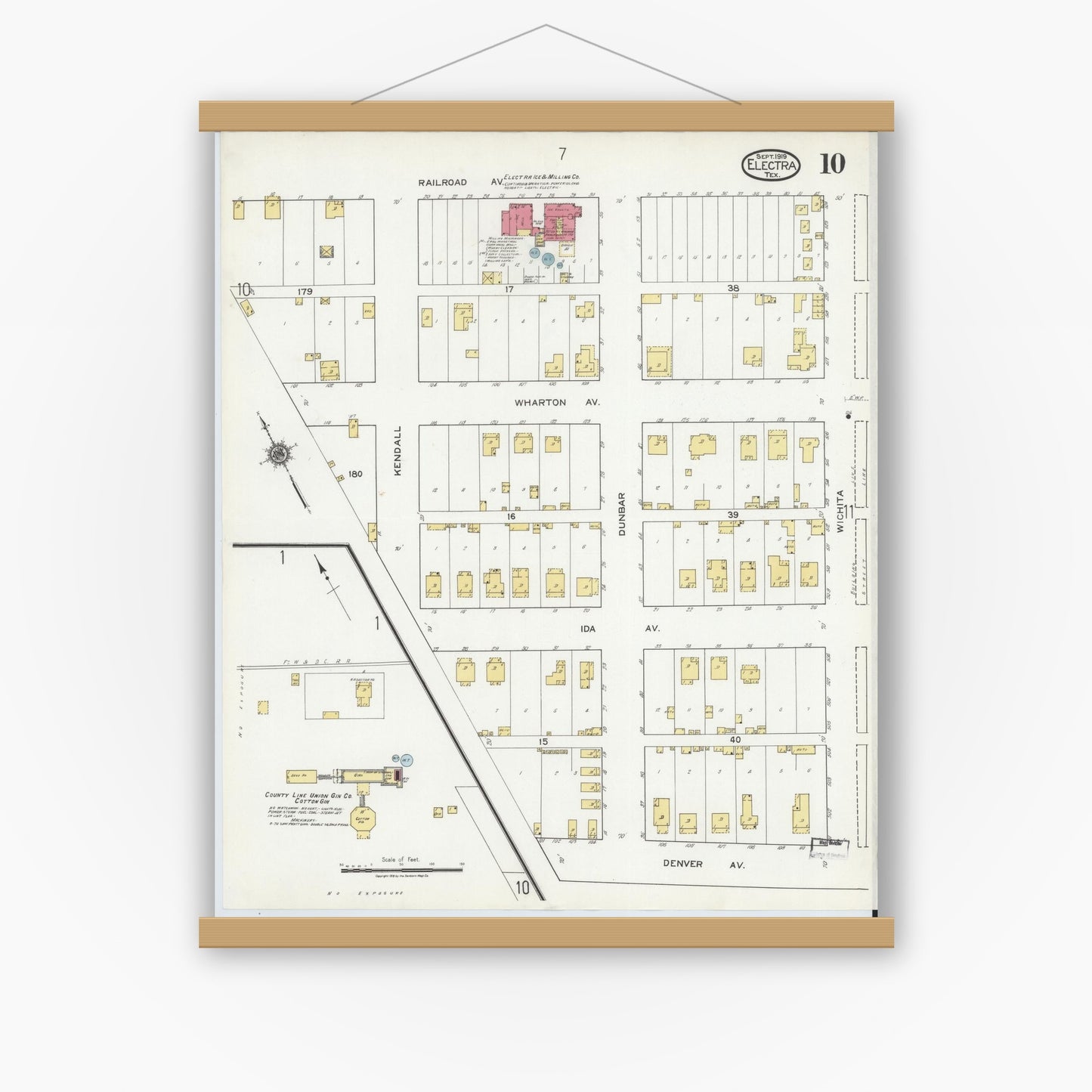 Old map wall art mockup — magnetic wood frame on white wall — Sanborn Fire Insurance Map from Electra, Wichita County, Texas (1919), Sheet #0010