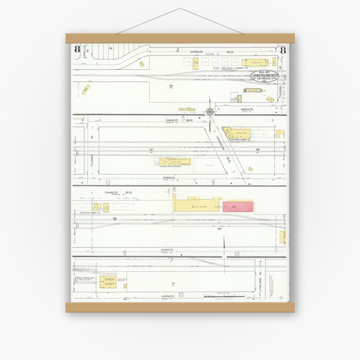 Old map wall art mockup — magnetic wood frame on white wall — Sanborn Fire Insurance Map from Lankershim, Los Angeles County, California (1927), Sheet #0008