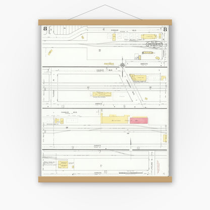 Old map wall art mockup — magnetic wood frame on white wall — Sanborn Fire Insurance Map from Lankershim, Los Angeles County, California (1927), Sheet #0008