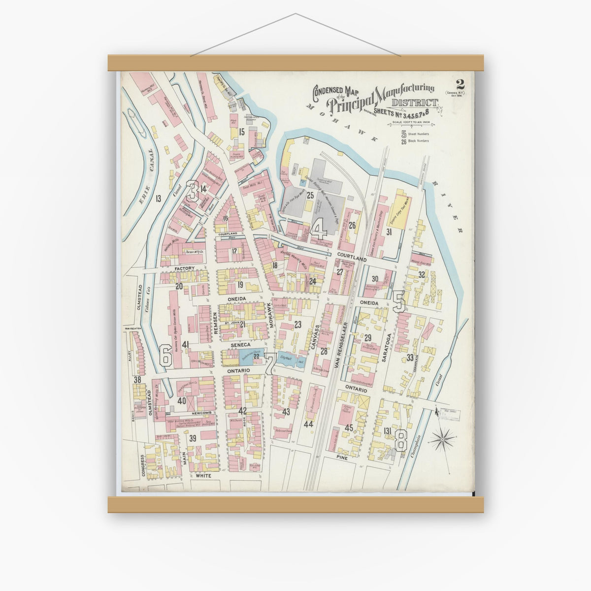 Old map wall art mockup — magnetic wood frame on white wall — Sanborn Fire Insurance Map from Cohoes, Albany County, New York (1896), Sheet #0002