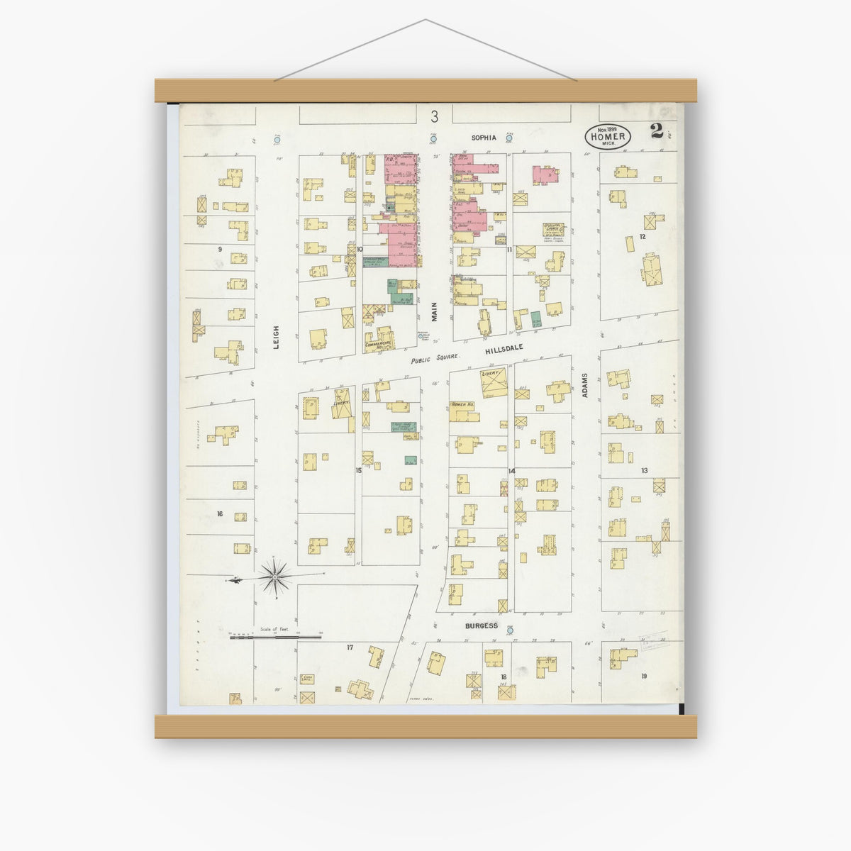 Old map wall art mockup — magnetic wood frame on white wall — Sanborn Fire Insurance Map from Homer, Calhoun County, Michigan (1899), Sheet #0002