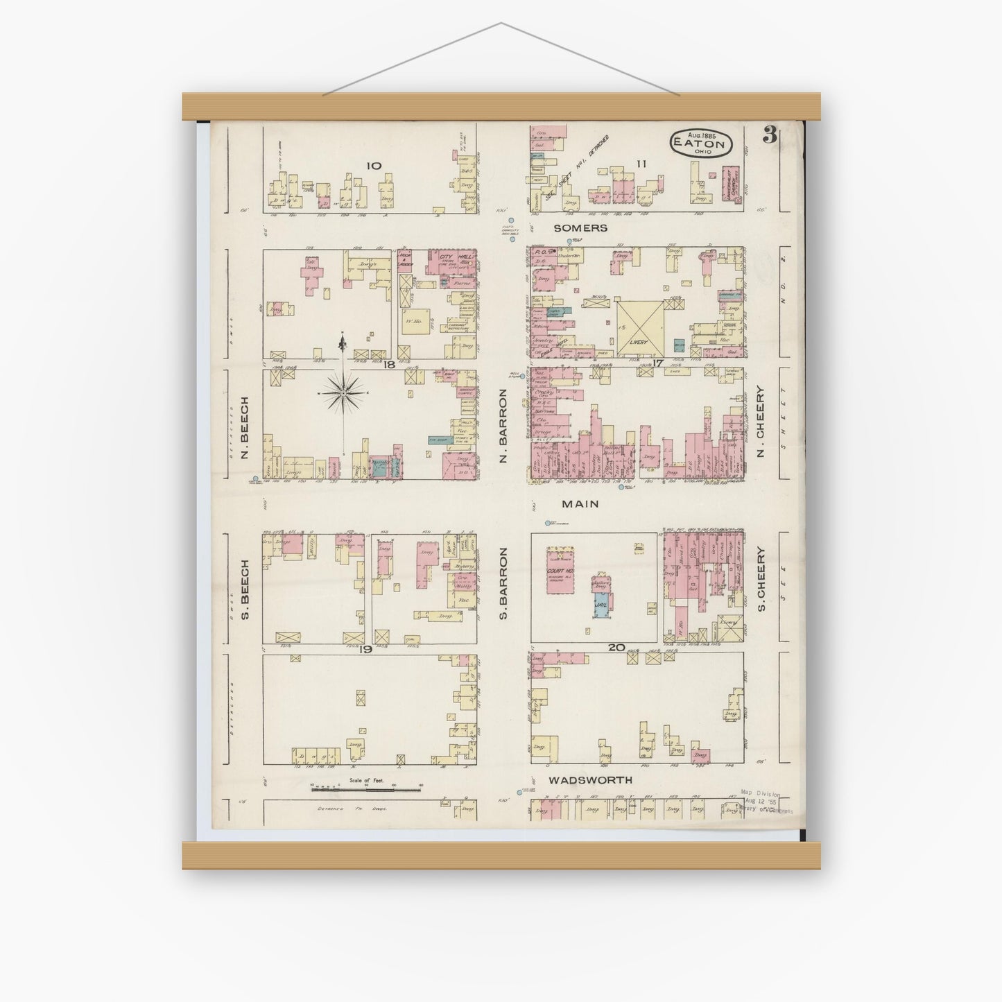 Old map wall art mockup — magnetic wood frame on white wall — Sanborn Fire Insurance Map from Eaton, Preble County, Ohio (1885), Sheet #0003