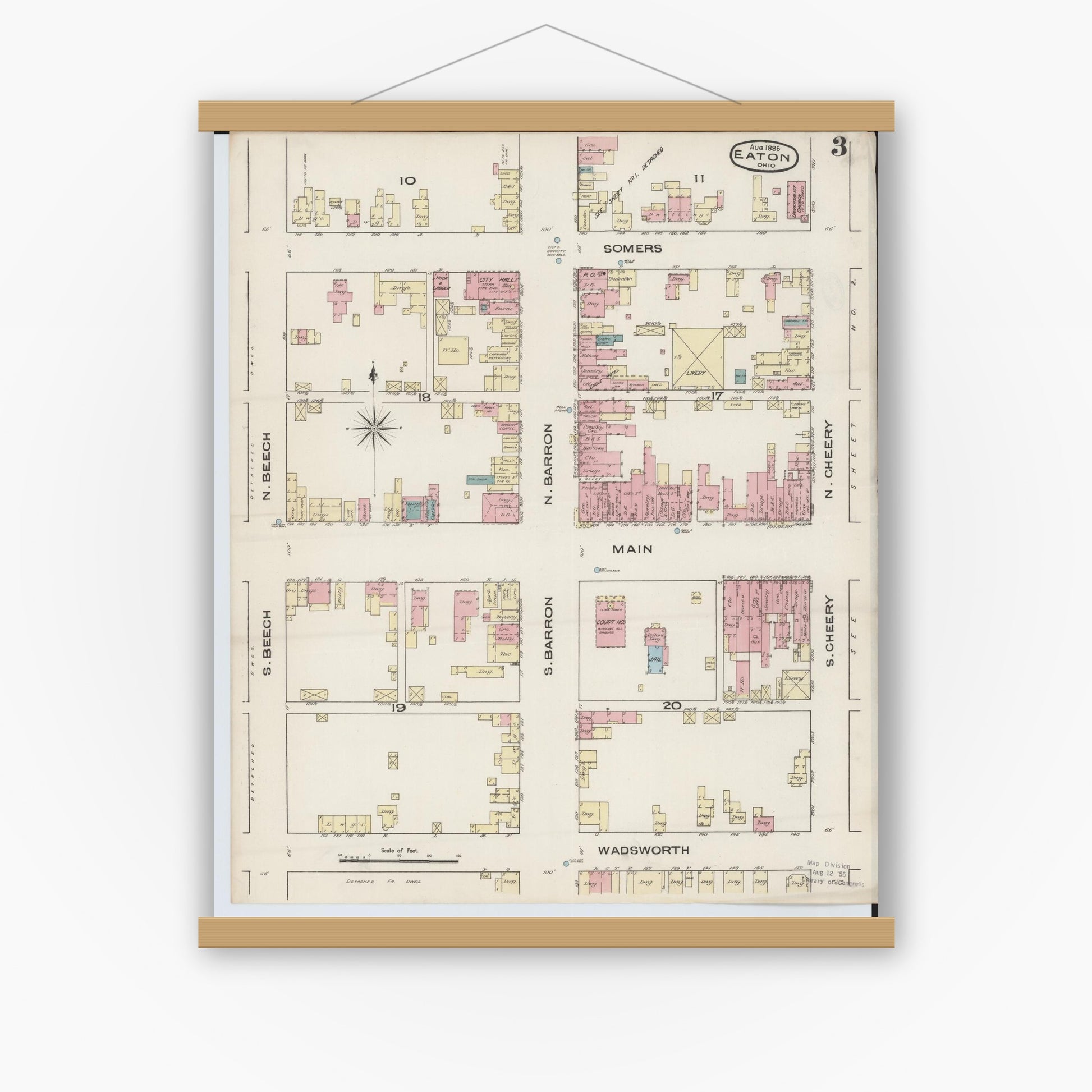 Old map wall art mockup — magnetic wood frame on white wall — Sanborn Fire Insurance Map from Eaton, Preble County, Ohio (1885), Sheet #0003