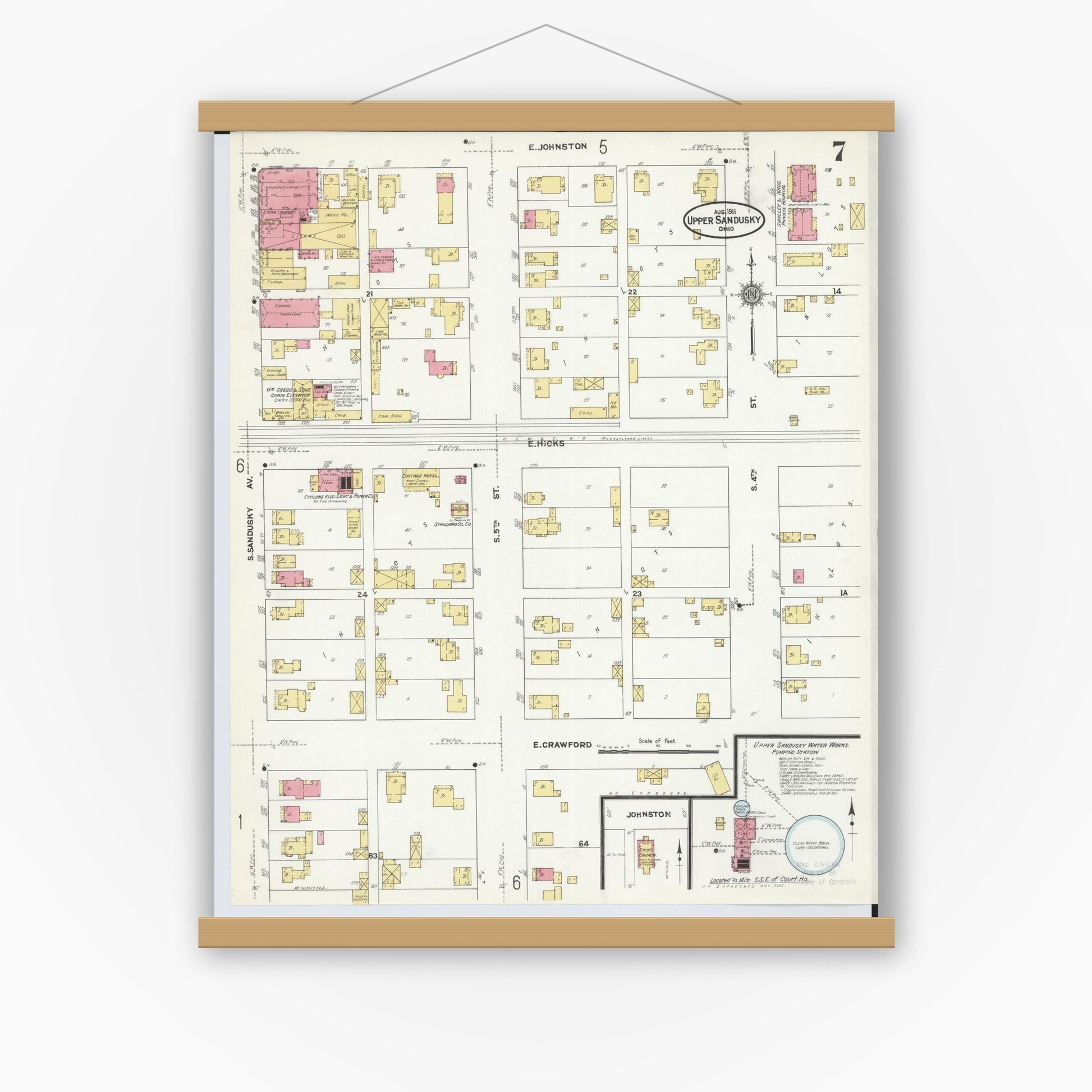 Old map wall art mockup — magnetic wood frame on white wall — Sanborn Fire Insurance Map from Upper Sandusky, Wyandot County, Ohio (1911), Sheet #0007
