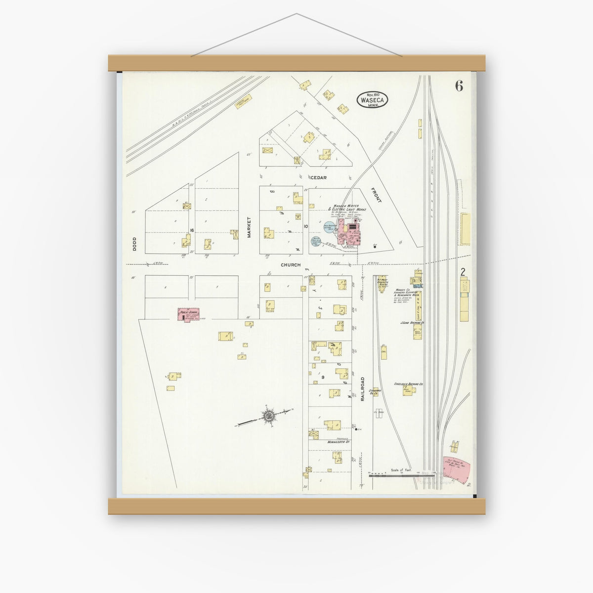 Old map wall art mockup — magnetic wood frame on white wall — Sanborn Fire Insurance Map from Waseca, Waseca County, Minnesota (1910), Sheet #0006