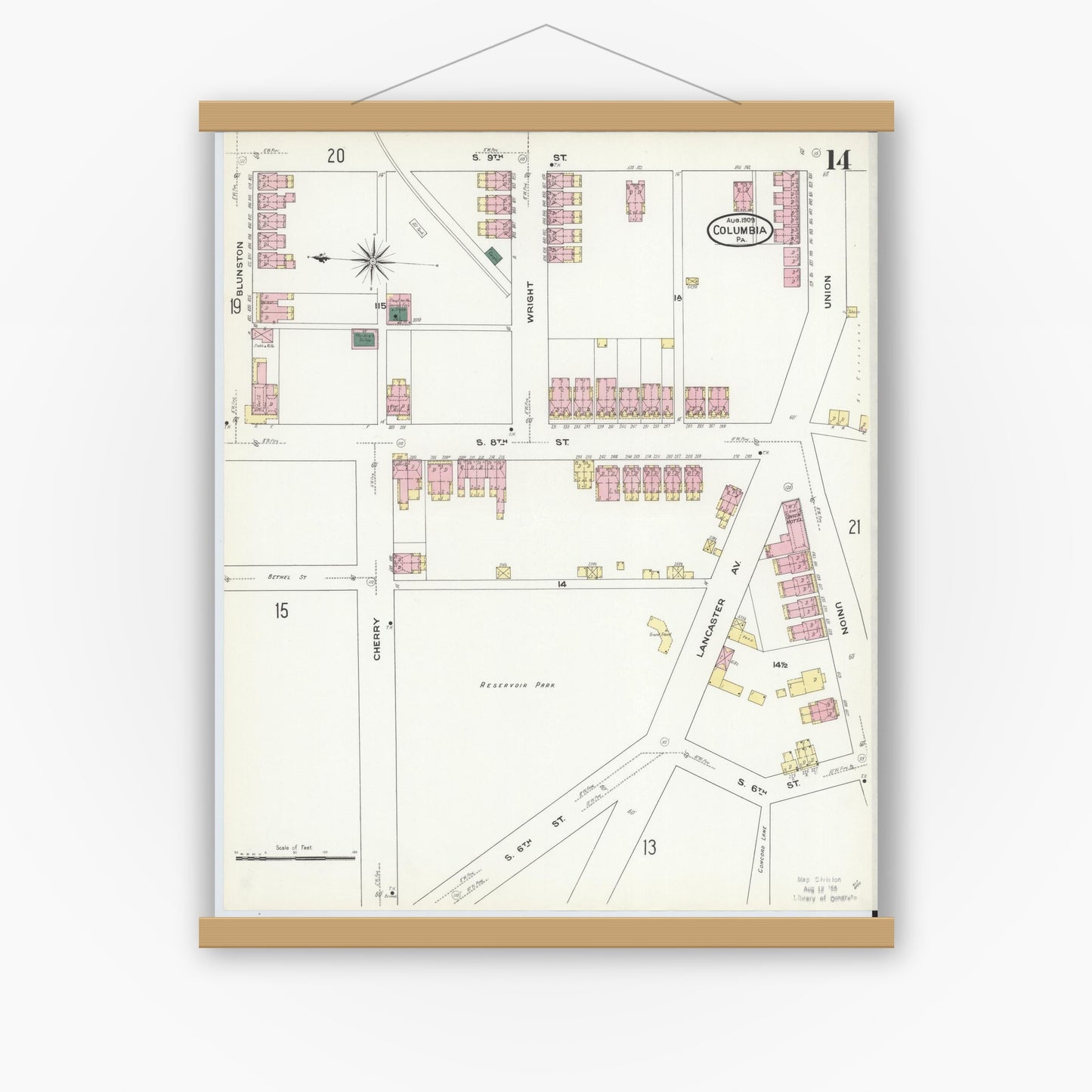 Old map wall art mockup — magnetic wood frame on white wall — Sanborn Fire Insurance Map from Columbia, Lancaster County, Pennsylvania (1909), Sheet #0014