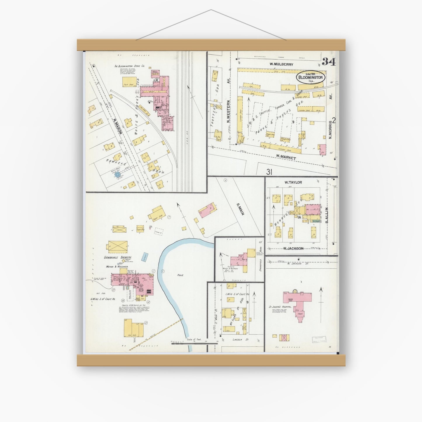Old map wall art mockup — magnetic wood frame on white wall — Sanborn Fire Insurance Map from Bloomington, McLean County, Illinois (1901), Sheet #0034
