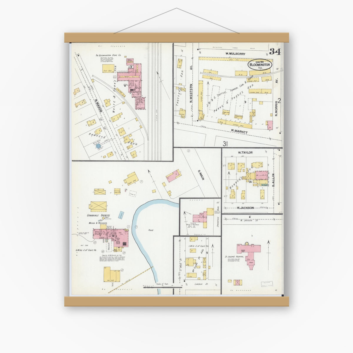 Old map wall art mockup — magnetic wood frame on white wall — Sanborn Fire Insurance Map from Bloomington, McLean County, Illinois (1901), Sheet #0034
