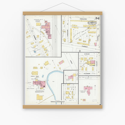 Old map wall art mockup — magnetic wood frame on white wall — Sanborn Fire Insurance Map from Bloomington, McLean County, Illinois (1901), Sheet #0034