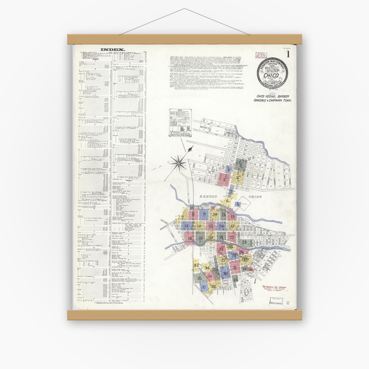 Old map wall art mockup — magnetic wood frame on white wall — Sanborn Fire Insurance Map from Chico, Butte County, California (1909), Sheet #0001