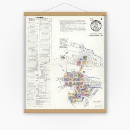Old map wall art mockup — magnetic wood frame on white wall — Sanborn Fire Insurance Map from Chico, Butte County, California (1909), Sheet #0001