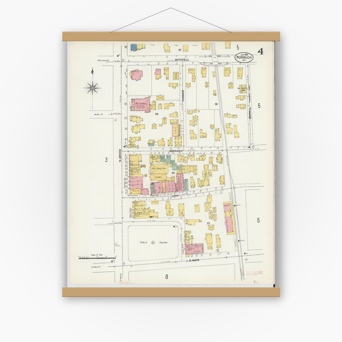 Old map wall art mockup — magnetic wood frame on white wall — Sanborn Fire Insurance Map from Norwich, Chenango County, New York (1903), Sheet #0004