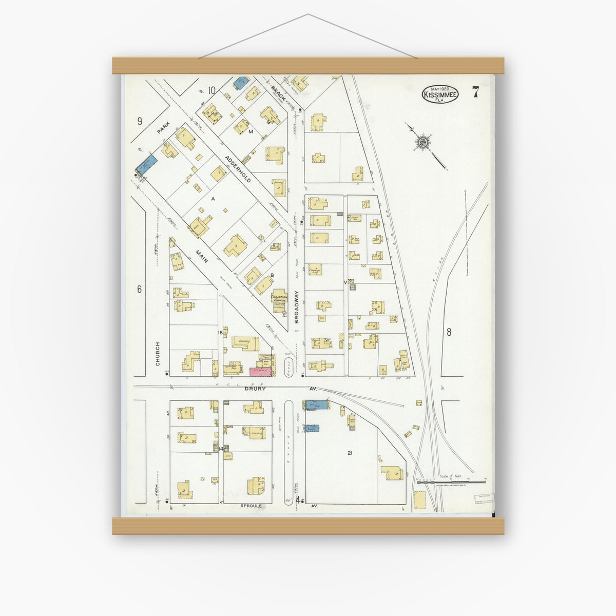 Old map wall art mockup — magnetic wood frame on white wall — Sanborn Fire Insurance Map from Kissimmee, Osceola County, Florida (1920), Sheet #0007