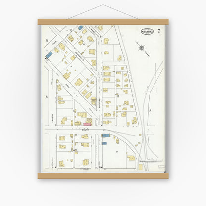 Old map wall art mockup — magnetic wood frame on white wall — Sanborn Fire Insurance Map from Kissimmee, Osceola County, Florida (1920), Sheet #0007