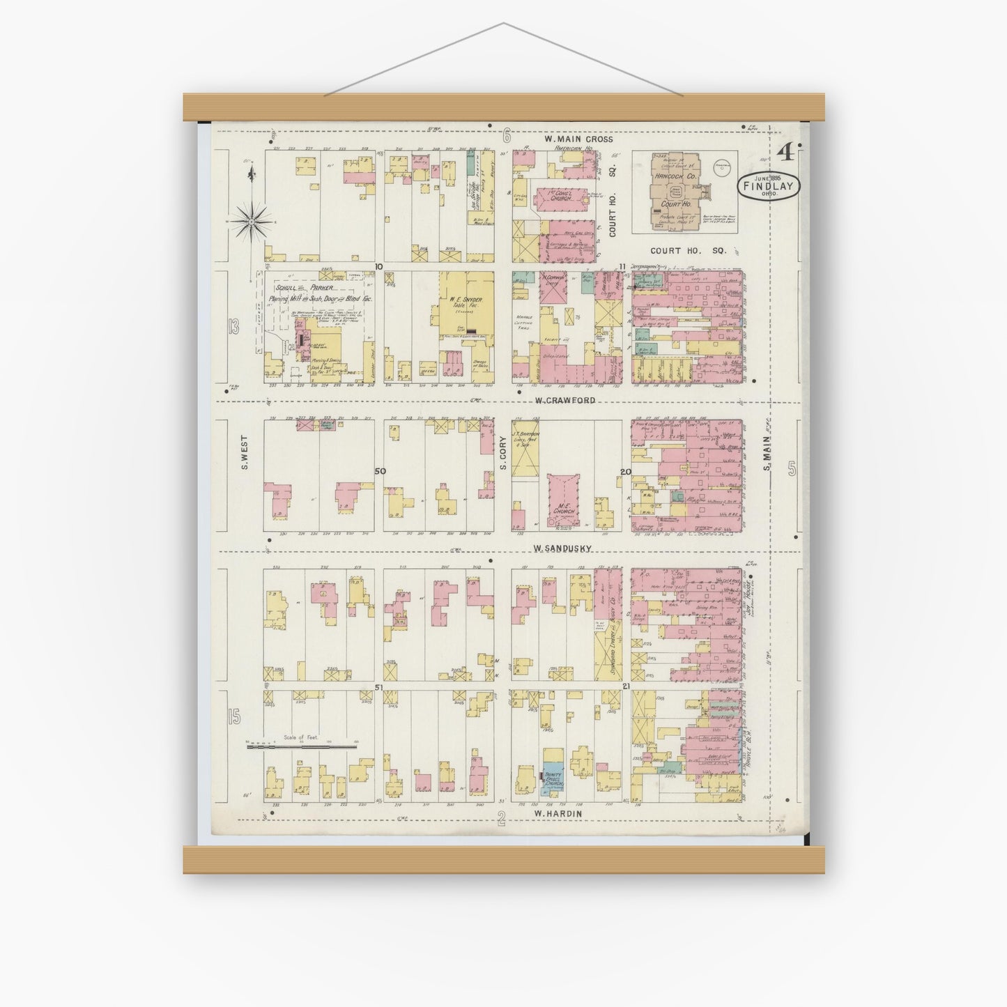 Old map wall art mockup — magnetic wood frame on white wall — Sanborn Fire Insurance Map from Findlay, Hancock County, Ohio (1895), Sheet #0004