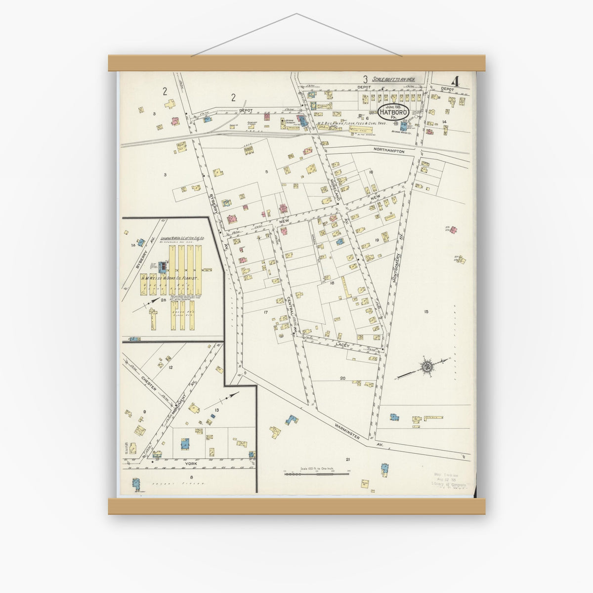 Old map wall art mockup — magnetic wood frame on white wall — Sanborn Fire Insurance Map from Hatboro, Montgomery County, Pennsylvania (1915), Sheet #0004