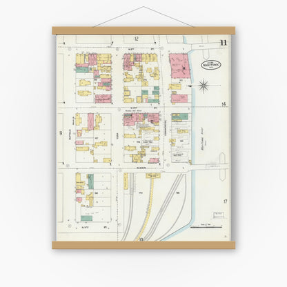 Old map wall art mockup — magnetic wood frame on white wall — Sanborn Fire Insurance Map from Manitowoc, Manitowoc County, Wisconsin (1906), Sheet #0011