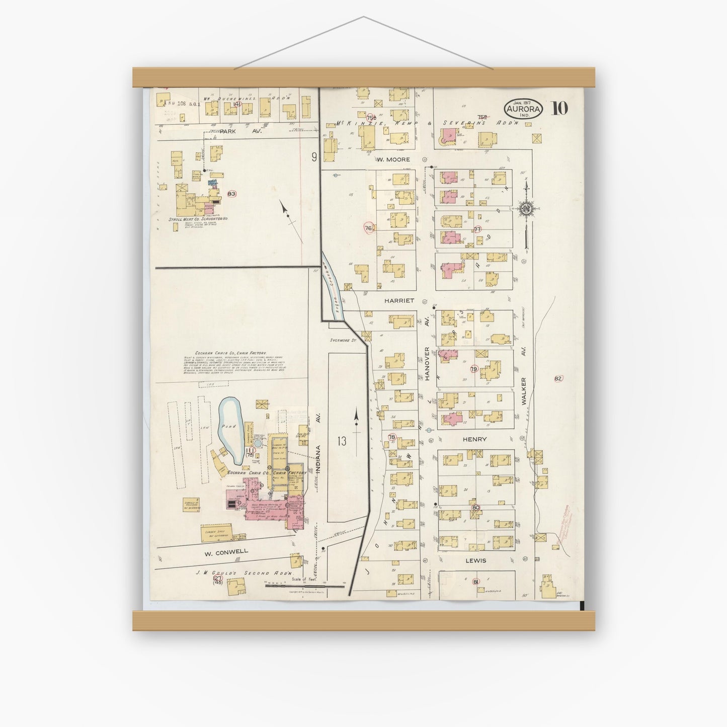 Old map wall art mockup — magnetic wood frame on white wall — Sanborn Fire Insurance Map from Aurora, Dearborn County, Indiana (1935), Sheet #0010
