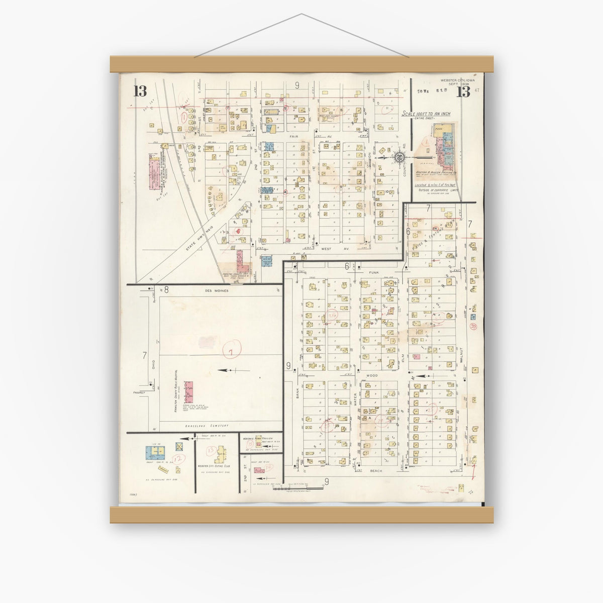 Old map wall art mockup — magnetic wood frame on white wall — Sanborn Fire Insurance Map from Webster City, Hamilton County, Iowa (1950), Sheet #0013