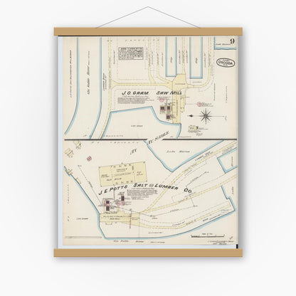 Old map wall art mockup — magnetic wood frame on white wall — Sanborn Fire Insurance Map from Oscoda, Iosco County, Michigan (1884), Sheet #0009