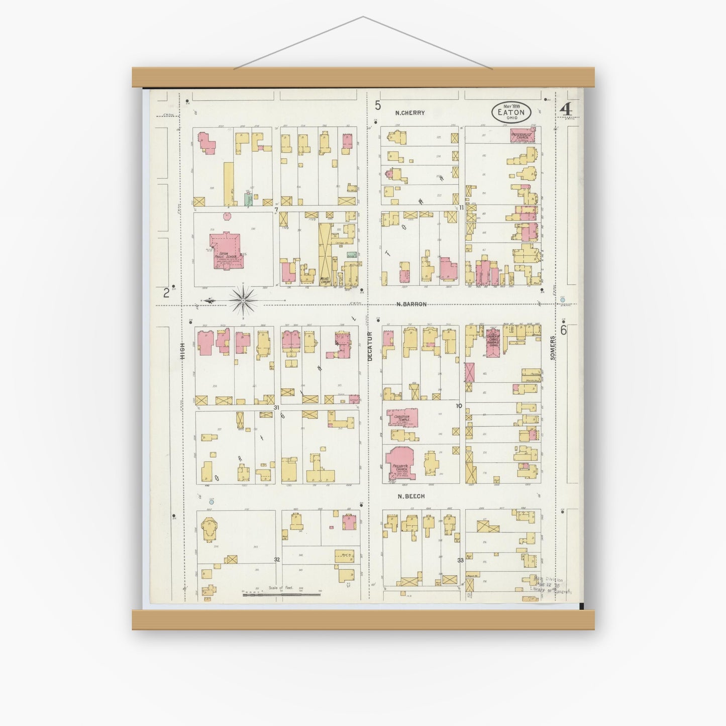 Old map wall art mockup — magnetic wood frame on white wall — Sanborn Fire Insurance Map from Eaton, Preble County, Ohio (1899), Sheet #0004