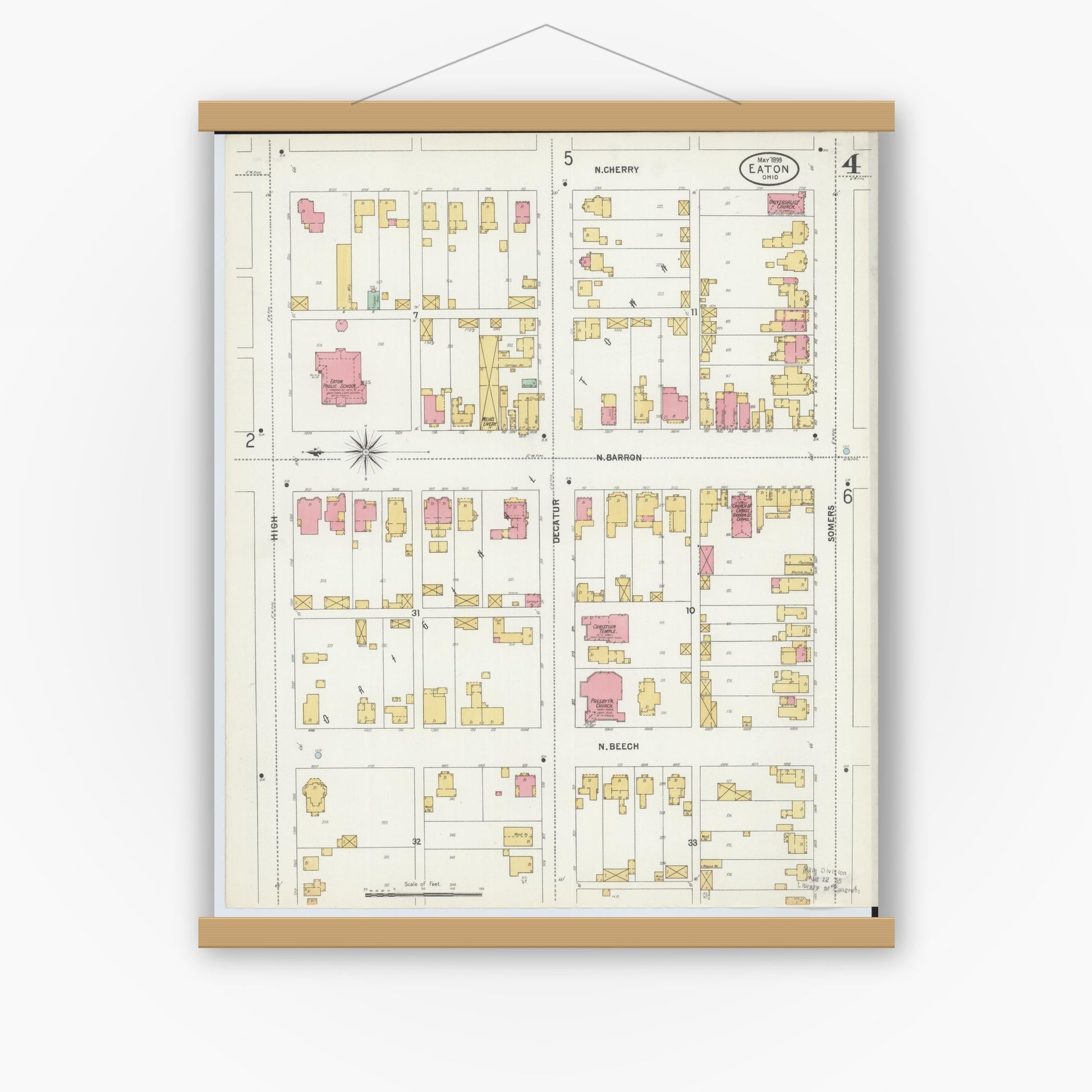 Old map wall art mockup — magnetic wood frame on white wall — Sanborn Fire Insurance Map from Eaton, Preble County, Ohio (1899), Sheet #0004